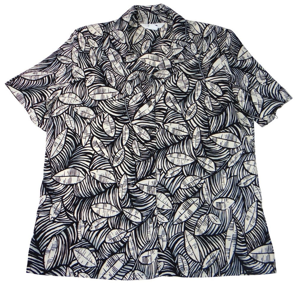 Vintage Alia Womens Sz 10 Black White Leaf Print Short Sleeve‎ Button Blouse Top